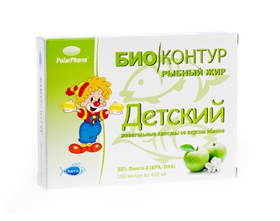 Жир Рыбный БАД жевательные капсулы для детей со вкусом яблока 400мг упаковка №100